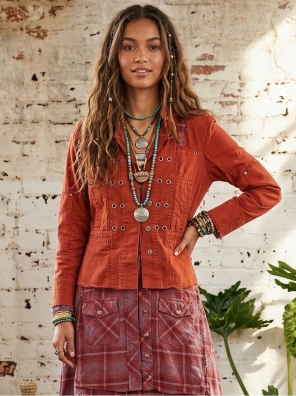 Upcycled bohemian grommeted plaid patched jacket - Picture 3 of 14